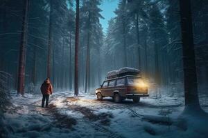 A man walks by the car in a snowy forest for camping. Generative AI photo