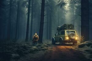 un hombre camina por el coche en un Nevado bosque para cámping. generativo ai foto