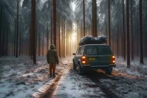 un hombre camina por el coche en un Nevado bosque para cámping. generativo ai foto