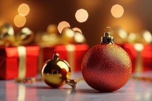 Photo of bokeh effect background, red gift box with gold ribbon and red and gold glitter christmas ornament.