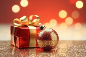 Photo of bokeh effect background, red gift box with gold ribbon and red and gold glitter christmas ornament.