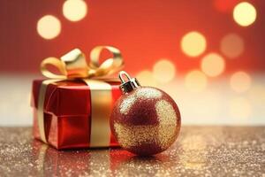 Photo of bokeh effect background, red gift box with gold ribbon and red and gold glitter christmas ornament. Generative AI