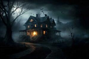 foto de un de miedo casa en un misterioso bosque. Víspera de Todos los Santos concepto. generativo ai