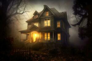 Photo of a scary house in a mysterious woodland. Halloween concept. Generative AI