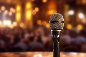 A photograph with the microphone in focus above the lecture hall lectern. photo