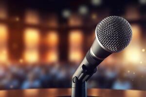 A photograph with the microphone in focus above the lecture hall lectern. photo