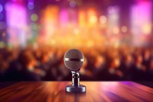 A photograph with the microphone in focus above the lecture hall lectern. photo