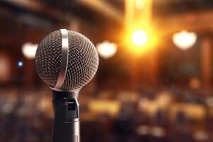 A photograph with the microphone in focus above the lecture hall lectern. photo