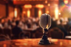 A photograph with the microphone in focus above the lecture hall lectern. photo
