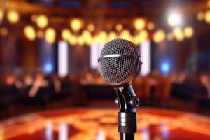 A photograph with the microphone in focus above the lecture hall lectern. photo