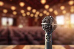 A photograph with the microphone in focus above the lecture hall lectern. photo