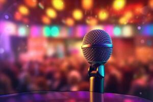 A photograph with the microphone in focus above the lecture hall lectern. photo