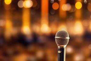 A photograph with the microphone in focus above the lecture hall lectern. photo