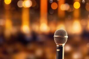 A photograph with the microphone in focus above the lecture hall lectern. Generative AI photo