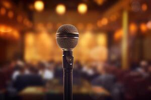 A photograph with the microphone in focus above the lecture hall lectern. photo