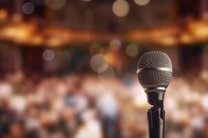 A photograph with the microphone in focus above the lecture hall lectern. photo
