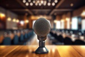 A photograph with the microphone in focus above the lecture hall lectern. photo