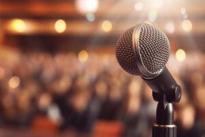 A photograph with the microphone in focus above the lecture hall lectern. photo