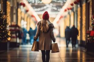 un mujer caminando alrededor el centro comercial antes de Navidad con su compras bolsa. generativo ai foto
