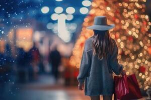 un mujer caminando alrededor el centro comercial antes de Navidad con su compras bolsa. generativo ai foto