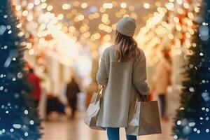 un mujer caminando alrededor el centro comercial antes de Navidad con su compras bolsa. generativo ai foto