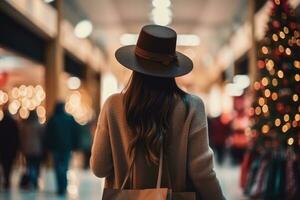 un mujer caminando alrededor el centro comercial antes de Navidad con su compras bolsa. generativo ai foto