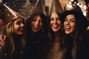 Group of young girls and boys friends celebrate New Year's Eve with drinking glasses. Generative AI photo