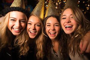 grupo de joven muchachas y Niños amigos celebrar nuevo años víspera con Bebiendo lentes. generativo ai foto