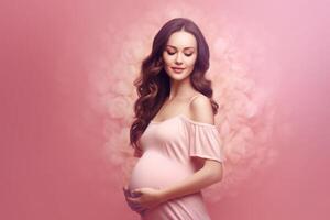 Photo of pregnant woman in front of pink background.