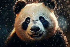 Close-up photo of panda in the rain. Generative AI