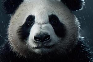 Close-up photo of panda in the rain.