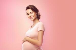 foto de embarazada mujer en frente de rosado antecedentes. generativo ai