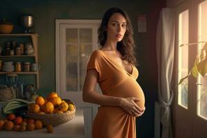 foto de embarazada mujer en pie en un habitación de el casa. generativo ai