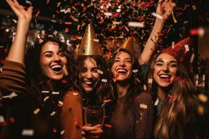 Group of young girls and boys friends celebrate New Year's Eve with drinking glasses. Generative AI photo