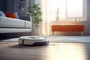 Photo of a robot vacuum cleaner sweeping and cleaning floors in the room. Generative AI