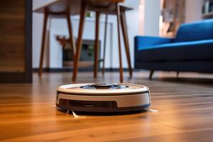 Photo of a robot vacuum cleaner sweeping and cleaning floors in the room. Generative AI