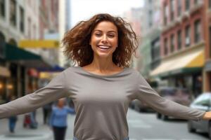 Beautiful woman in a gray t-shirt and jeans poses on a street with shopping malls. Generative AI photo