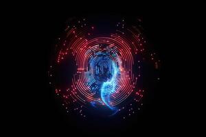 Advanced security technology, neon light background with fingerprint sensor. photo