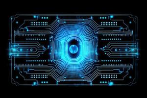 Advanced security technology, neon light background with fingerprint sensor. photo