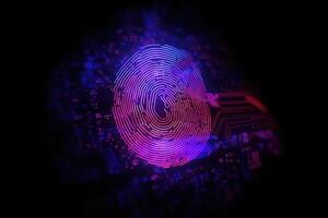 Advanced security technology, neon light background with fingerprint sensor. Generative AI photo