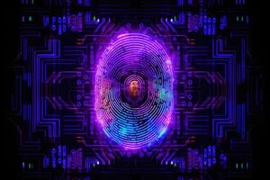 Advanced security technology, neon light background with fingerprint sensor. photo
