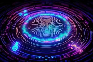 Advanced security technology, neon light background with fingerprint sensor. photo