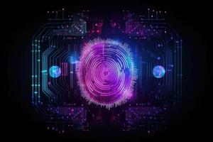 Advanced security technology, neon light background with fingerprint sensor. photo