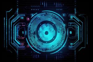 Advanced security technology, neon light background with fingerprint sensor. photo