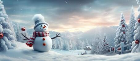 Snowman in the snow, in front of glowing lights and defocussed in the background. Christmas Concept. photo