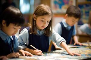 A candid shot of young students engaged in a group activity, such as painting or working on a puzzle. Generative AI photo