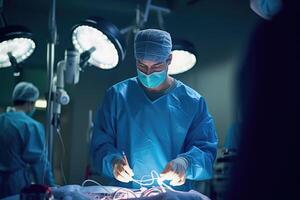 Photo of a male doctor performing surgery in an operating room. Generative AI