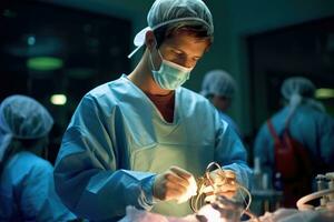 Photo of a male doctor performing surgery in an operating room. Generative AI