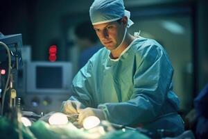 Photo of a male doctor performing surgery in an operating room. Generative AI