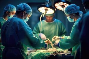 Photo of a male doctor performing surgery in an operating room. Generative AI